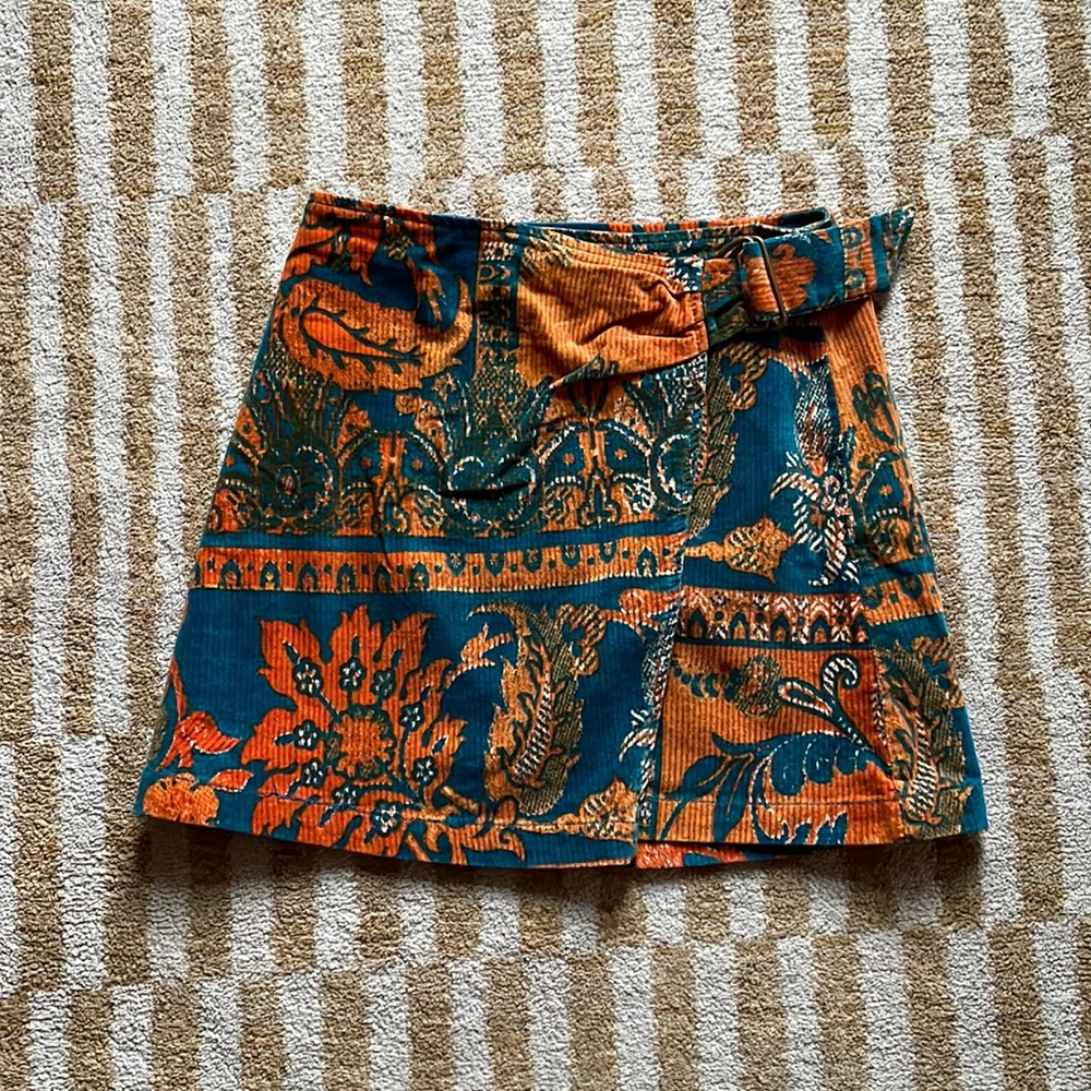 NWT UO Tapestry Corduroy Wrap Skirt Orange XS